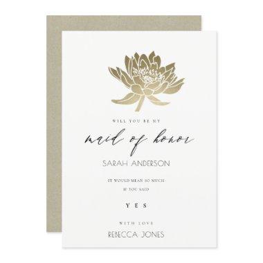 GLAMOROUS GOLD WHITE LOTUS FLORAL MAID OF HONOUR Invitations