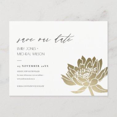 GLAMOROUS GOLD WHITE LOTUS FLORAL SAVE THE DATE ANNOUNCEMENT POSTInvitations