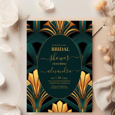 Glamorous Green and Gold Art Deco Bridal Invitations