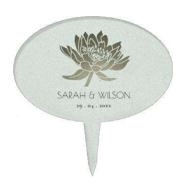 GLAMOROUS PALE BLUE SILVER LOTUS FLORAL MONOGRAM CAKE TOPPER