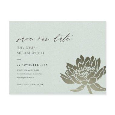 GLAMOROUS PALE BLUE SILVER LOTUS SAVE THE DATE ANNOUNCEMENT POST