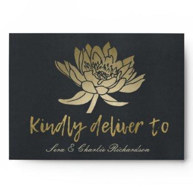 GLAMOROUS PALE GOLD BLACK LOTUS FLORAL MONOGRAM ENVELOPE