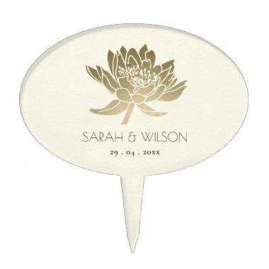 GLAMOROUS PALE GOLD WHITE LOTUS FLORAL MONOGRAM CAKE TOPPER