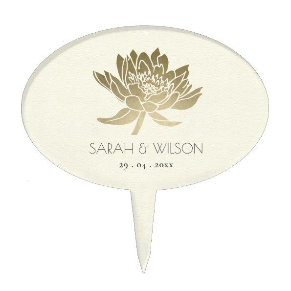 GLAMOROUS PALE GOLD WHITE LOTUS FLORAL MONOGRAM CAKE TOPPER