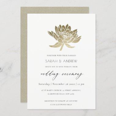 GLAMOROUS PALE GOLD WHITE LOTUS FLORAL WEDDING Invitations