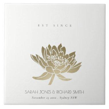 GLAMOROUS PALE GOLD WHITE LOTUS SAVE THE DATE GIFT CERAMIC TILE