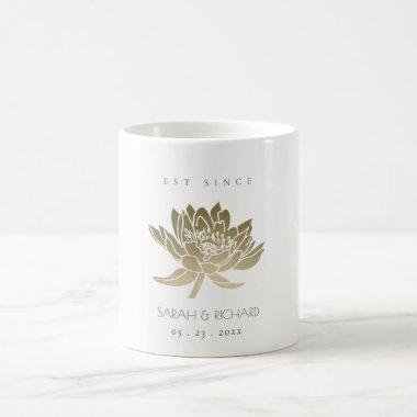 GLAMOROUS PALE GOLD WHITE LOTUS SAVE THE DATE GIFT COFFEE MUG