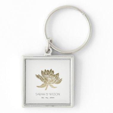 GLAMOROUS PALE GOLD WHITE LOTUS SAVE THE DATE GIFT KEYCHAIN