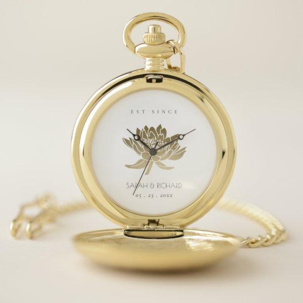 GLAMOROUS PALE GOLD WHITE LOTUS SAVE THE DATE GIFT POCKET WATCH