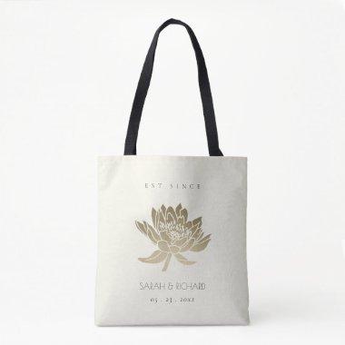 GLAMOROUS PALE GOLD WHITE LOTUS SAVE THE DATE GIFT TOTE BAG