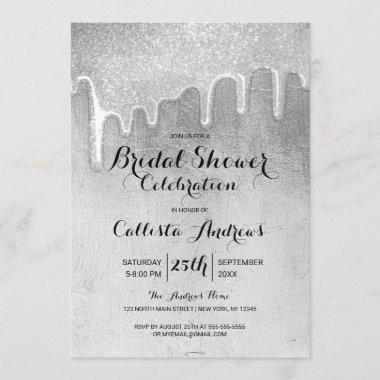 Glamorous Silver Thick Glitter Drips Bridal Shower Invitations