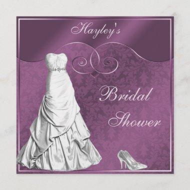 Glamorous Wedding Gown Purple Bridal Shower Invitations