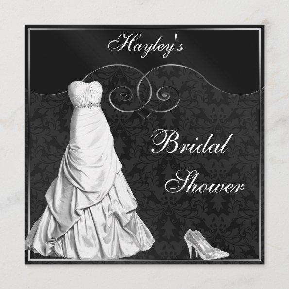 Glamorous White Gown Black Silver Bridal Shower Invitations