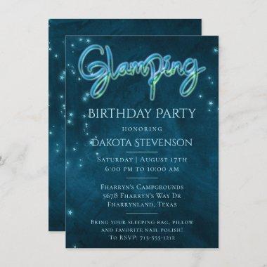 Glamping Birthday Party | Dark Neon Blue Teal Star Invitations