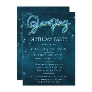 Glamping Birthday Party | Dark Neon Blue Teal Star Invitations