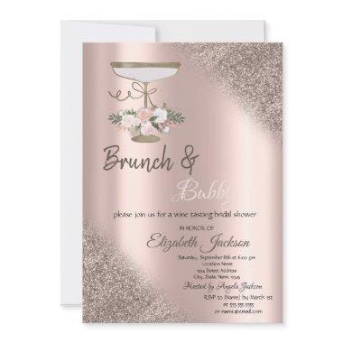 Glass,Rose Gold Glitter Bokeh Brunch & Bubbly Invitations