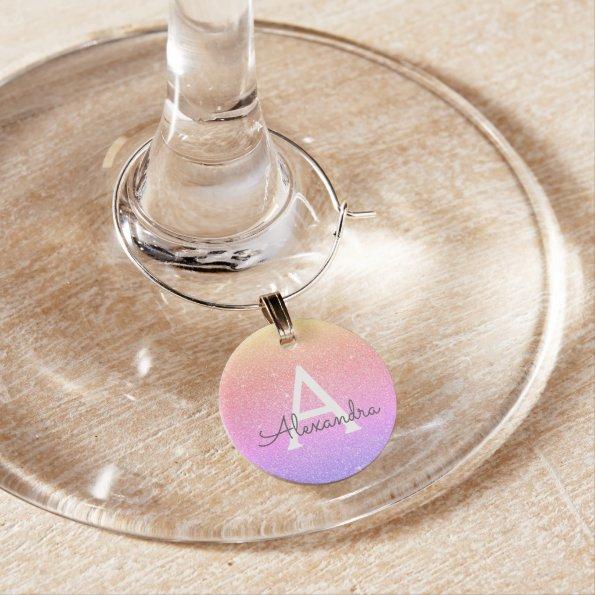 Glitter and Sparkle Monogram Rainbow Pastel Wine Charm