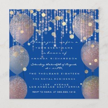Glitter Balloons Rose Bridal Shower Royal Blue Invitations
