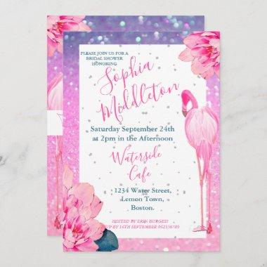 Glitter Bridal Shower Flamingo Floral Chic Invitations