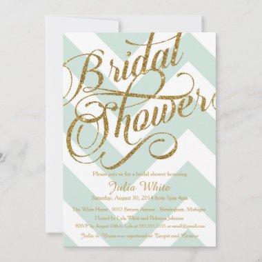 Glitter Bridal Shower Invitations, Mint Chevron Invitations