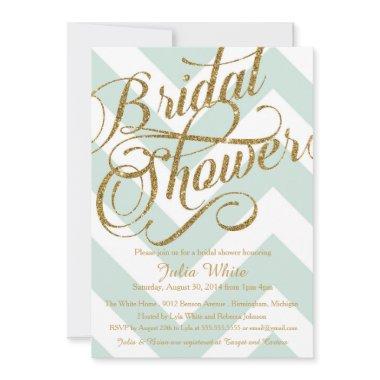 Glitter Bridal Shower Invitations, Mint Chevron Invitations