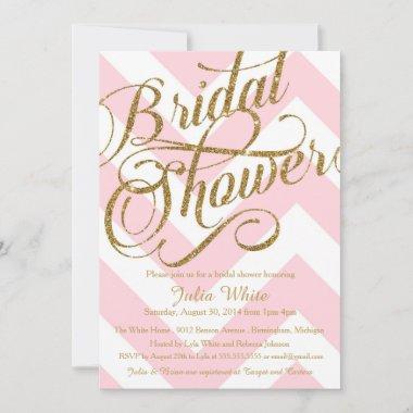 Glitter Bridal Shower Invitations, Pink Chevron Invitations