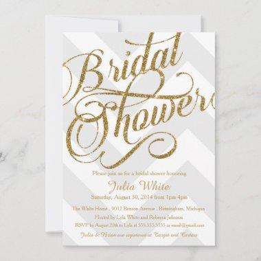 Glitter Bridal Shower Invitations, Silver Chevron Invitations