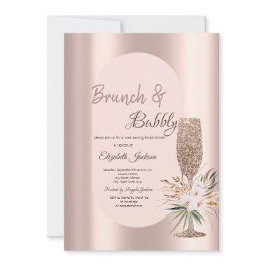 Glitter Champagne Glass Flowers Rose Gold Invitations