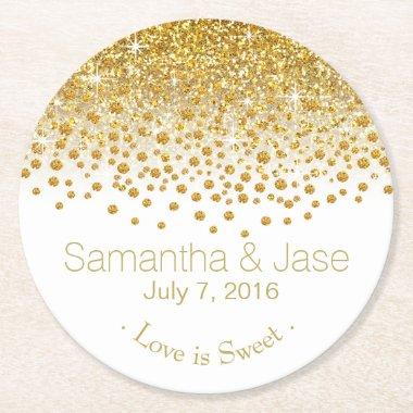 Glitter Confetti Shower Party | gold white Round Paper Coaster