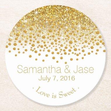 Glitter Confetti Shower Party | gold white Round Paper Coaster