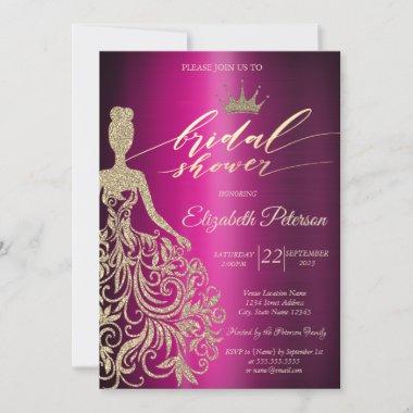 Glitter Dress,Tiara, Purple Metallic Bridal Shower Invitations