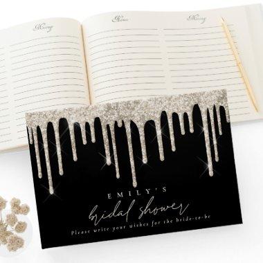 Glitter Drip Cream Script Bridal Shower Black Guest Book