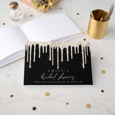 Glitter Drip Cream Script  Black Guest Book