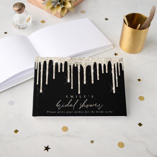 Glitter Drip Cream Script  Black Guest Book