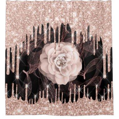 Glitter Drips Flower Diamond Rose Spark Black Shower Curtain