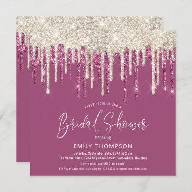 Glitter Drips Gold Script cream pink Bridal Shower Invitations