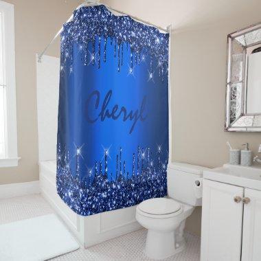 Glitter Drips Name Blue Navy Princess Blue Navy Shower Curtain