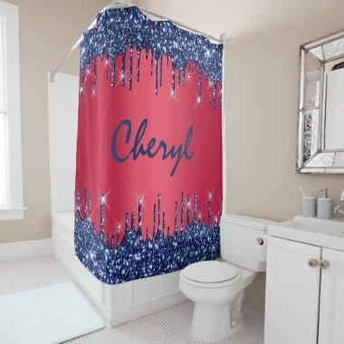 Glitter Drips Name Blue Navy Princess Red Ruby Shower Curtain