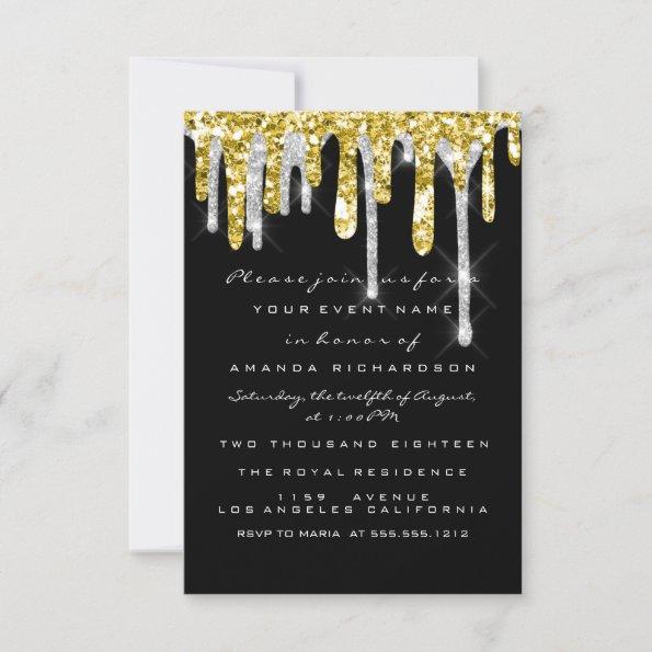 Glitter Drips Silver Gold Black Bridal Sweet 16th Invitations