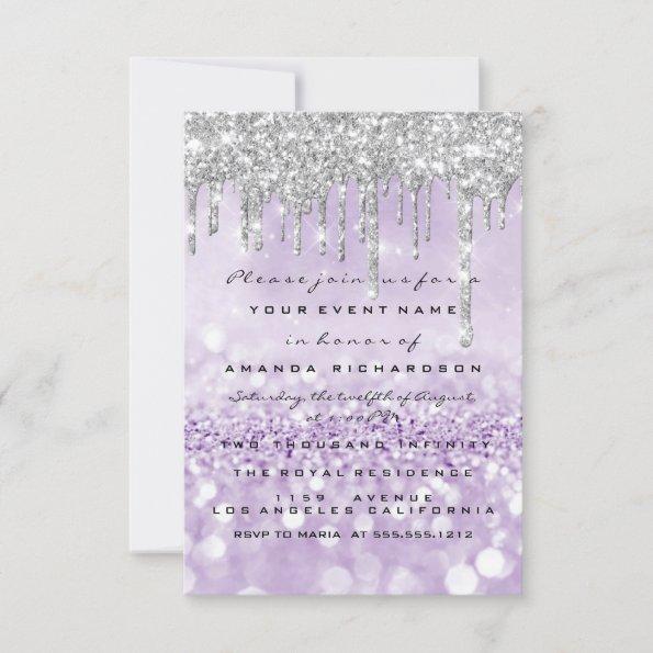 Glitter Drips Silver Purple Bridal Sweet 16th Invitations