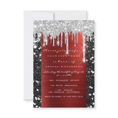 Glitter Drips Silver Red Black Bridal Sweet 16th  Invitations