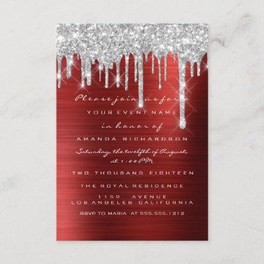 Glitter Drips Silver Red Ruby Bridal Sweet 16th Invitations