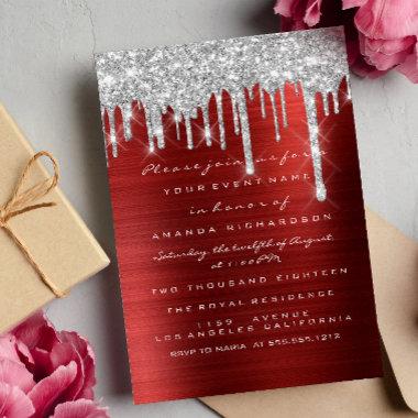 Glitter Drips Silver Red Ruby Bridal Sweet 16th Invitations