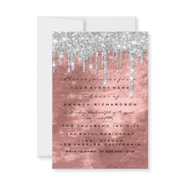 Glitter Drips Silver Rose Bridal Sweet 16th Invitations