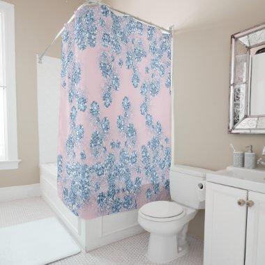 Glitter Dusty Blue Floral GIRLY Elegant Pink Shower Curtain