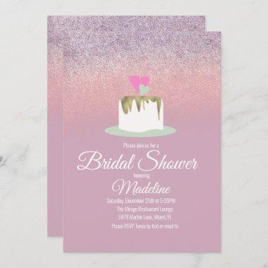 Glitter Foil Wedding Cake One Tier Bridal Shower Invitations