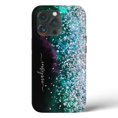 Glitter Girly Modern Sparkle Sweet 16 Black Silver iPhone 13 Pro Case