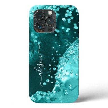 Glitter Girly Sparkle Birthday Teal Aqua Blue iPhone 13 Pro Case