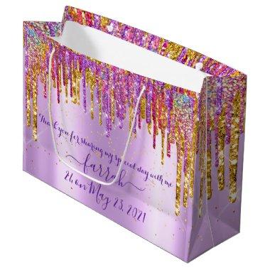 Glitter Gold Drip Rose Sweet16th Violet Bridal Large Gift Bag