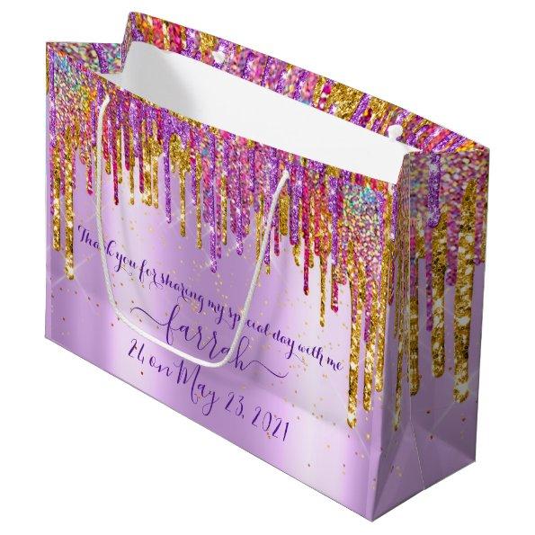 Glitter Gold Drip Rose Sweet16th Violet Bridal Large Gift Bag